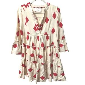 Kasia Anthropologie Embroidered Tiered Mini Dress Red Cream Women's XS Boho